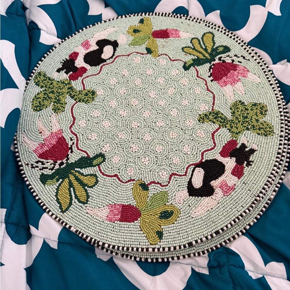 MacKenzie-Childs Floral check bunny rabbit spring easter Beaded Placemat 3 avl